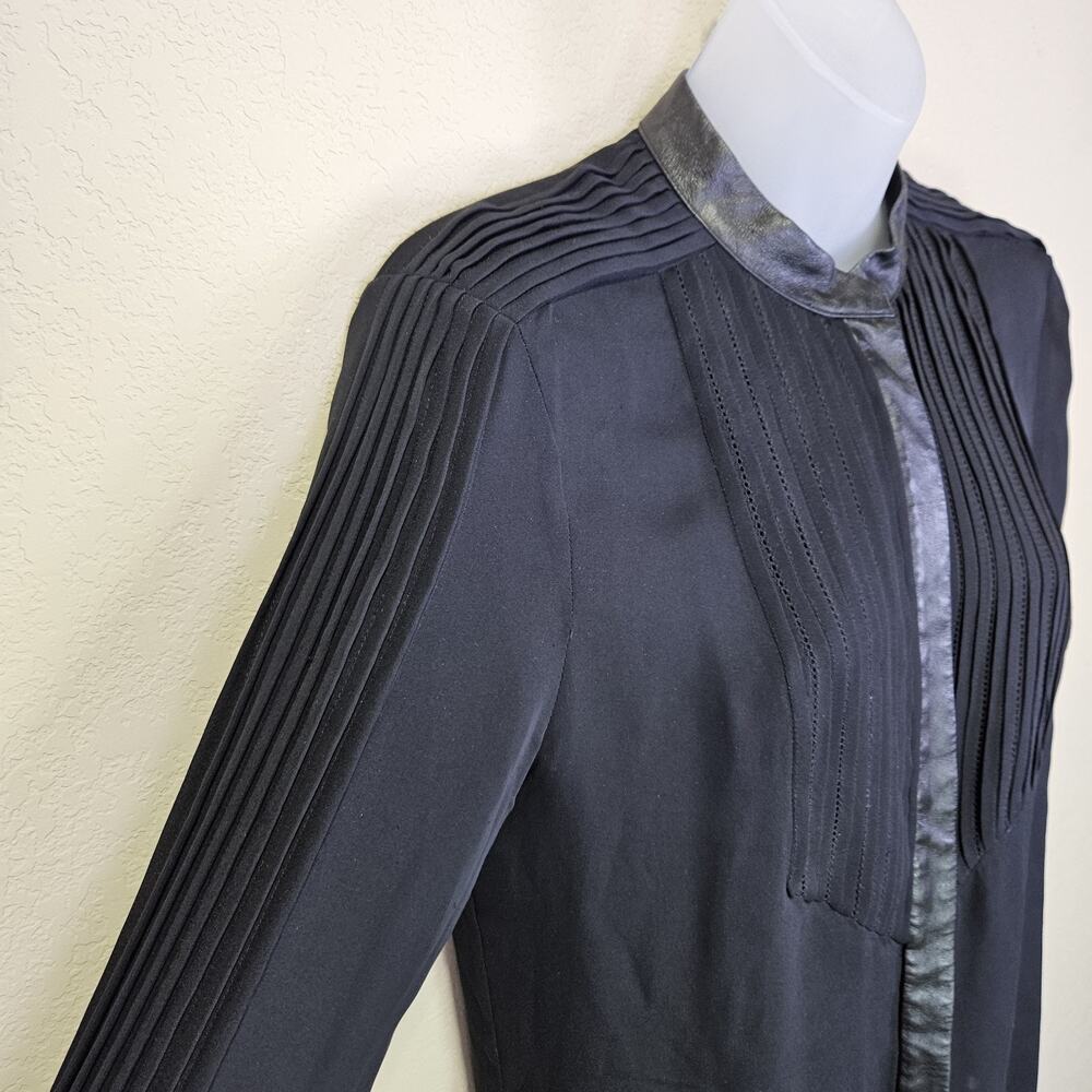Haute Hippie 100% Silk Blouse S Leather Trim Tuxedo Pintuck Black Sheer Luxury - Picture 2 of 16